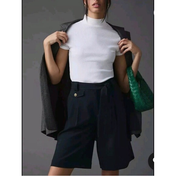 Anthropologie Maeve Shorts 14 Large Pleated Trouser Minimalist Navy Blue Preppy - Picture 1 of 6